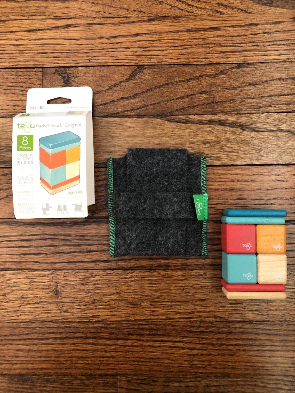 Tegu Original Pocket Pouch Magnetic Wooden Blocks in Sunset, 8 piece set